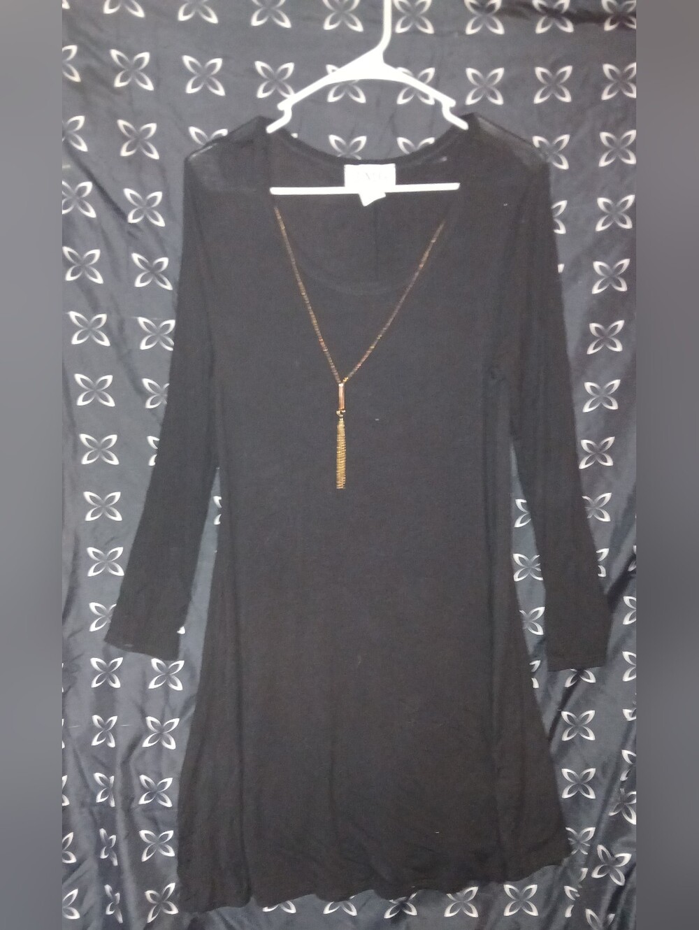 TMG New York Stretch Black Dress With Gold Necklace Accent Size Large 3/4 Sleeve